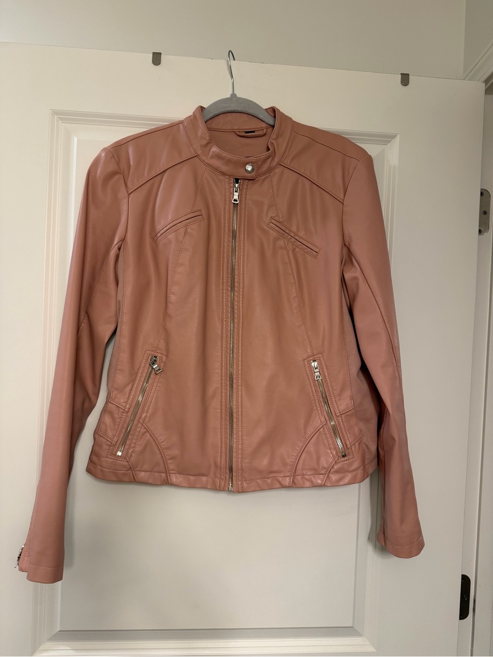 Womens Faux Leather Zip Moto Jacket - Dusty Pink